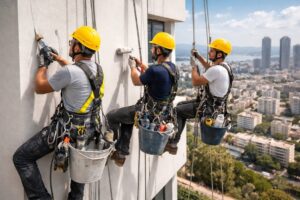 3 צבעים תלויים על חבל בצביעת בניין