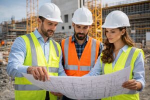 אנשי מקצוע בוחנים מקרוב שרטוט של בניין