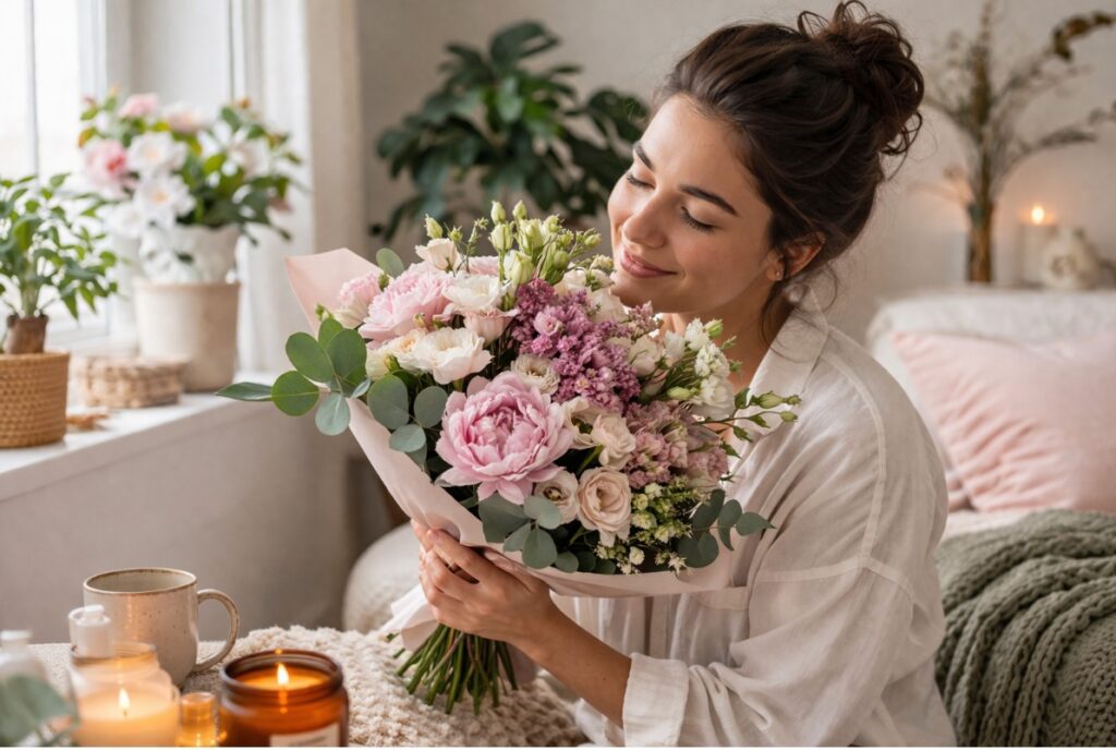 בחורה מריחה זר פרחים