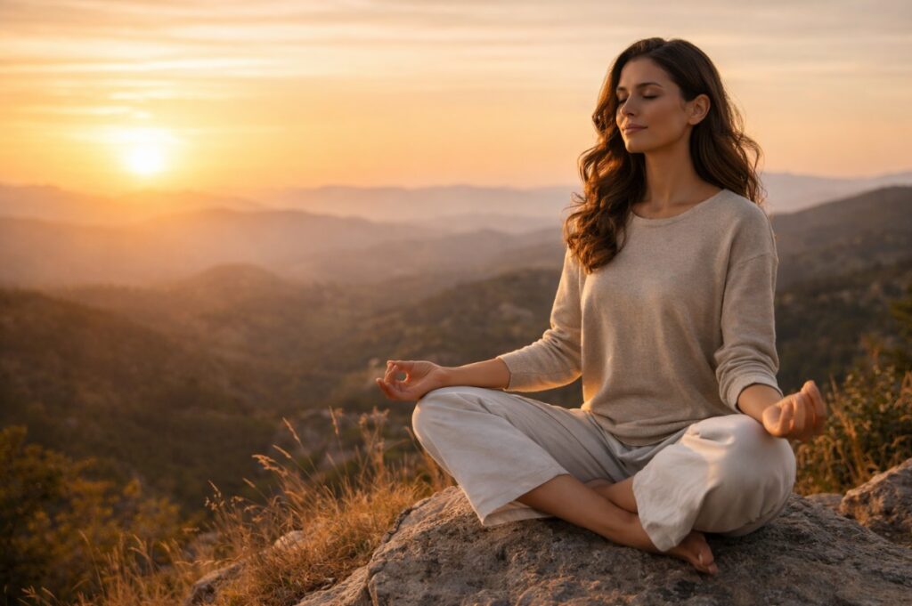 בחורה עושה מדיטציה בהרים לצד השקיעה