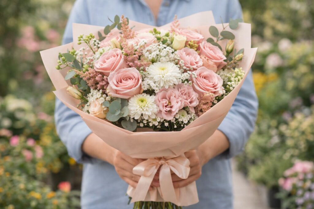 זר פרחים ורודים ולבנים